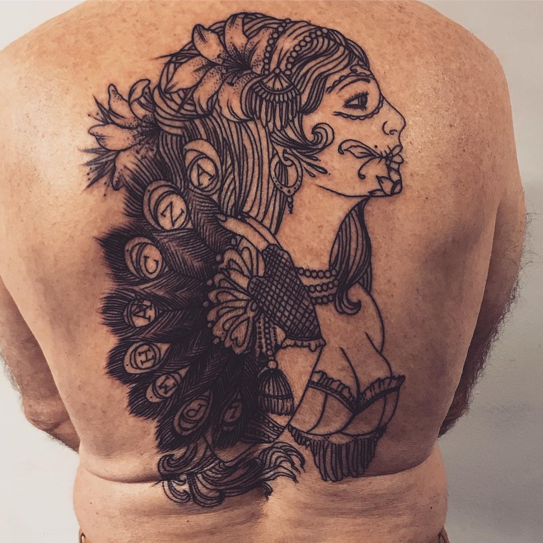 Tatuagem nas costas masculina: Caveira mexicana, desenho em linhas e sombreados