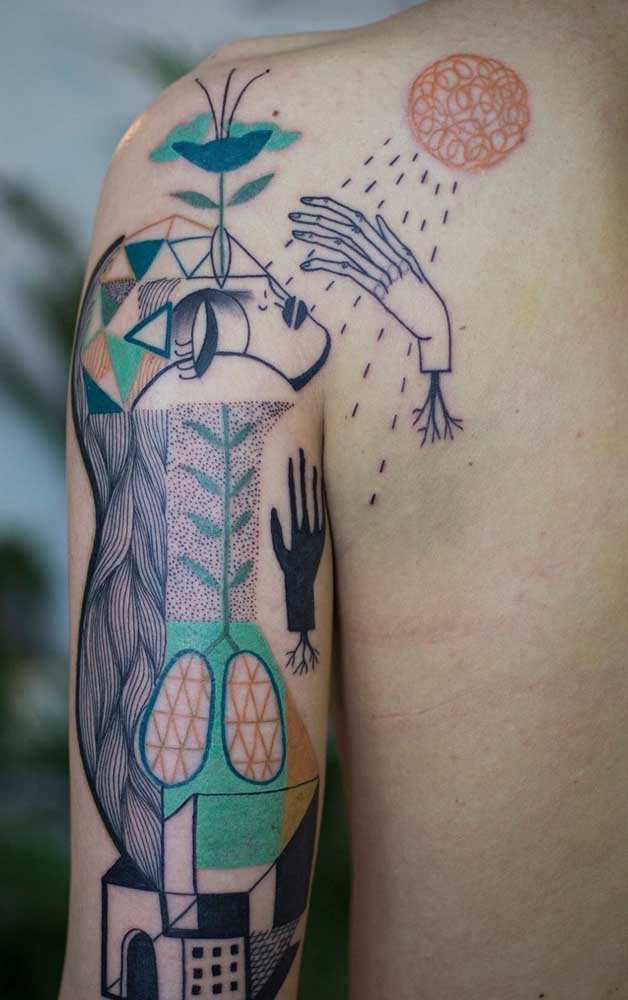 Pense em uma mistura de formas e imagens para fazer uma tatuagem diferente, moderna e cheia de significados.