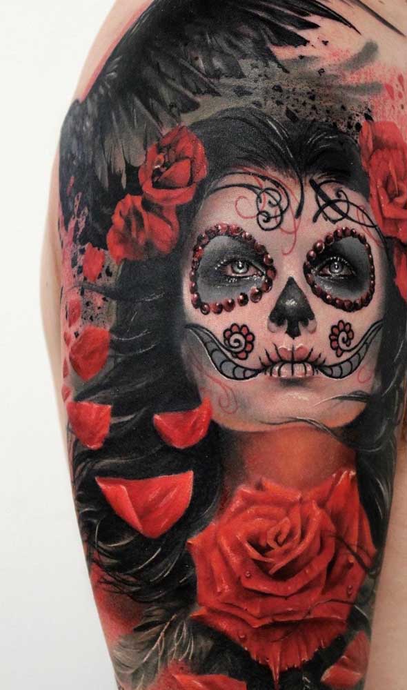 Os detalhes da personagem Catrina são que fazem diferença na hora de fazer a tattoo.