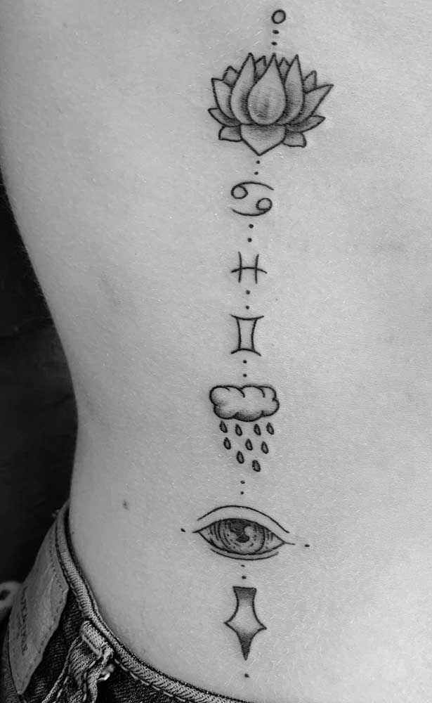 Lótus e signos do zodíaco compõe essa tatuagem mística na costela 