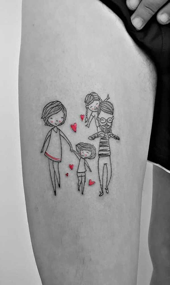 Tatuagem de família. Os pontos em vermelho trazem ainda mais destaque para a tattoo