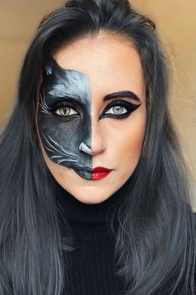 Metade mulher, metade gato. Uma linda inspiração para sua maquiagem de gatinha