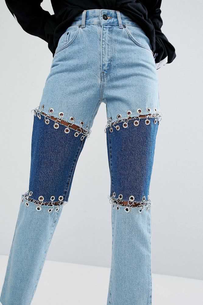 Outra ideia de união de peças diferentes, desta vez na customização de jeans.